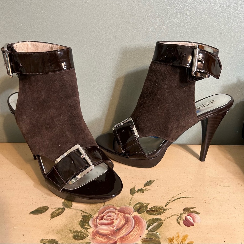 Michael Kors Brown Suede Patent Leather Front Buckle Open Back Heel Ankle Bootie